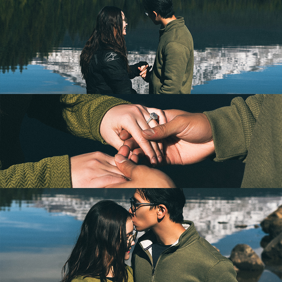 Cinematic Surprise Proposal at Trillium Lake with the View of Snowy Mount Hood